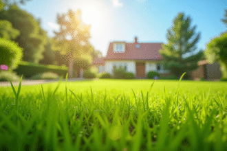 Pelouse fraîchement tondue avec de l'herbe coupée au matin en jardin suburbain