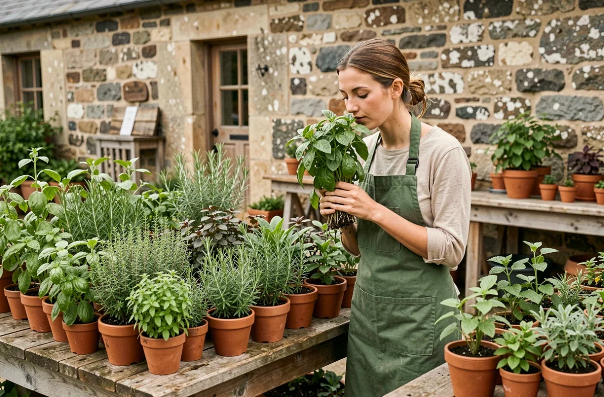 Pépinière La Belle Verte à Rognes avec une large gamme de plantes aromatiques et potagères en petits pots de terre cuite sur des tables en bois recyclé