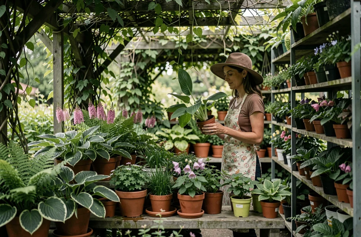 Pépinière Ombre et Lumière à Rognes avec une collection de vivaces d'ombre comme hostas, fougères et hellébores sous une pergola végétalisée