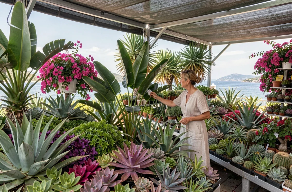 Pépinière Sainte Marguerite sur la Côte d'Azur avec un vaste choix de plantes exotiques, palmiers, agaves et bougainvillées sous des structures ombragées