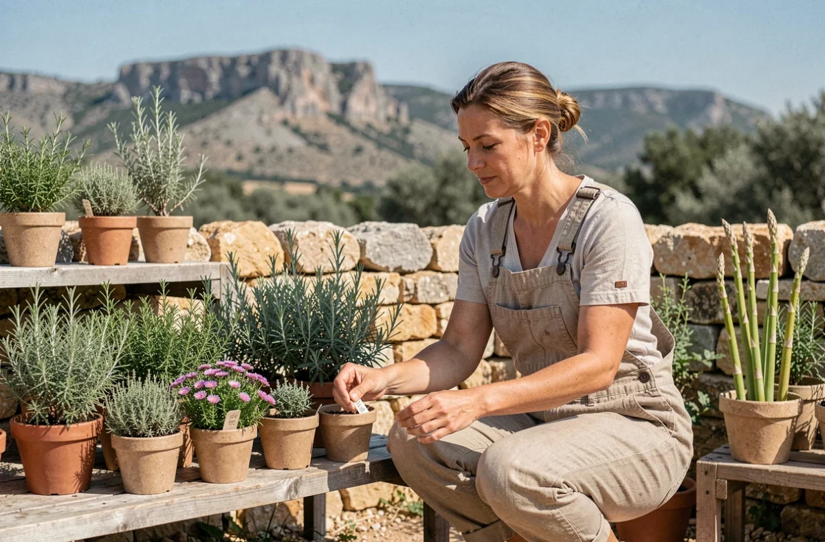 Pépinière du Vigueirat près de Saint-Rémy-de-Provence avec des végétaux de garrigue authentiques exposés sur des étagères en bois rustique