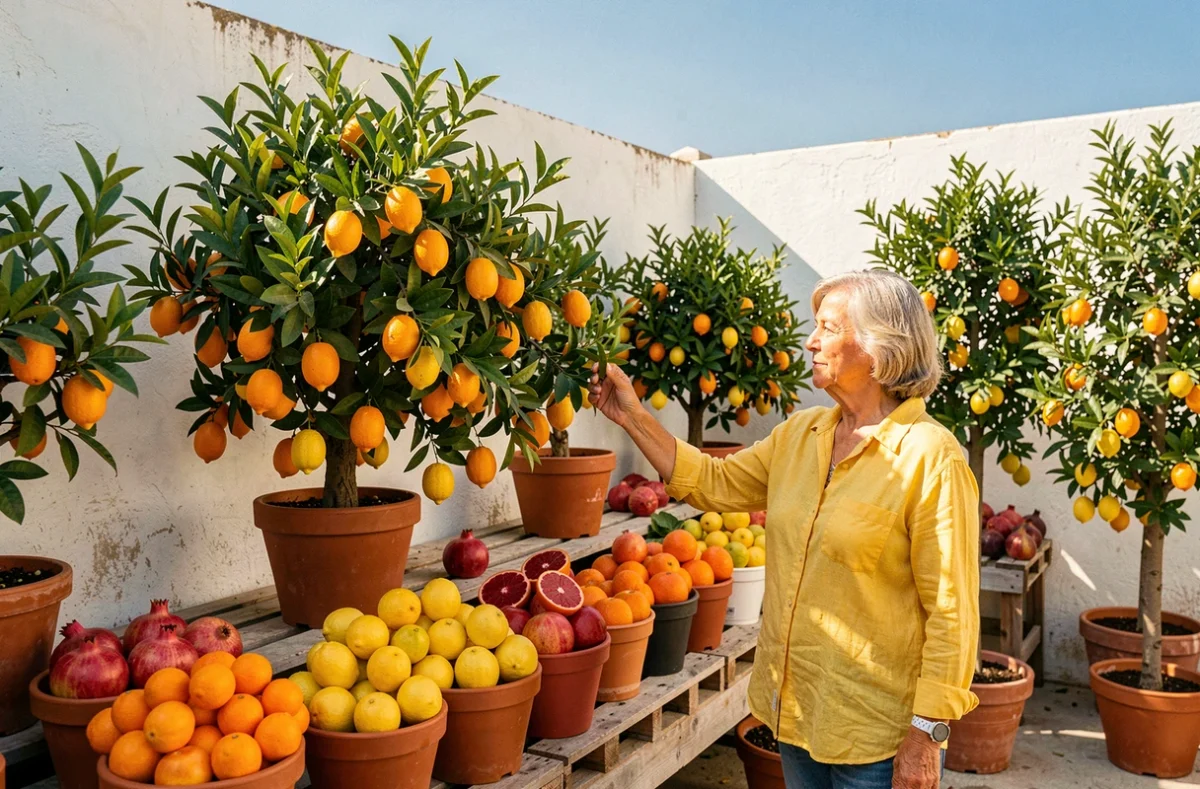 Pépinières Escoffier avec une belle exposition d'agrumes et fruitiers méditerranéens en pot dont citronniers, clémentiniers et orangers sanguins