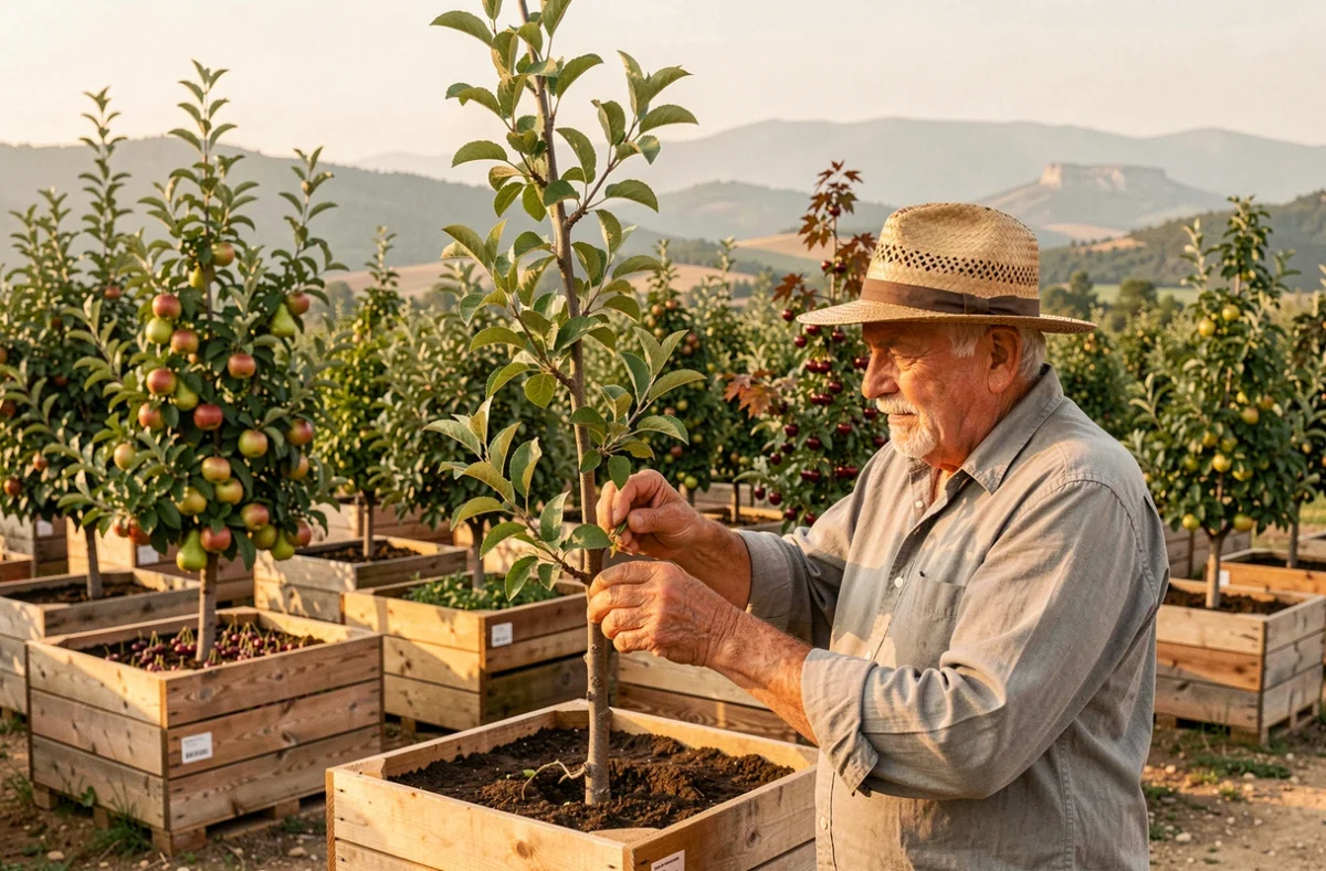 Pépinières du Luberon à Lambesc avec des rangées d'arbres fruitiers et ornementaux dont pommiers, amandiers et érables en caissons en bois