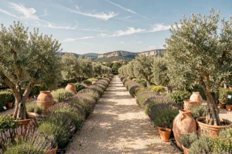Vue panoramique d'une pépinière provençale avec des rangées de plantes méditerranéennes et des pots en terre cuite sous le soleil de Provence