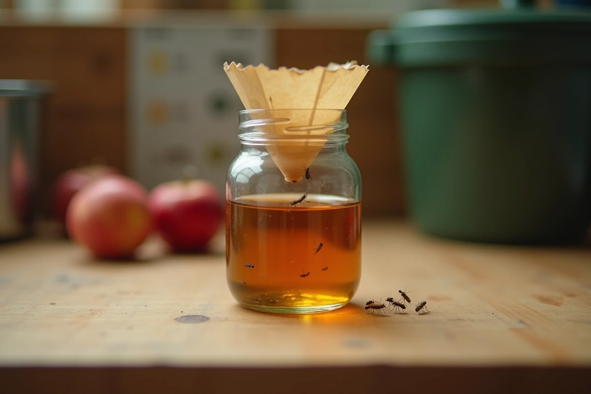 Piège à moucherons fait maison avec du vinaigre de cidre dans un bocal en verre posé près d'un bac à compost sur un plan de travail en bois