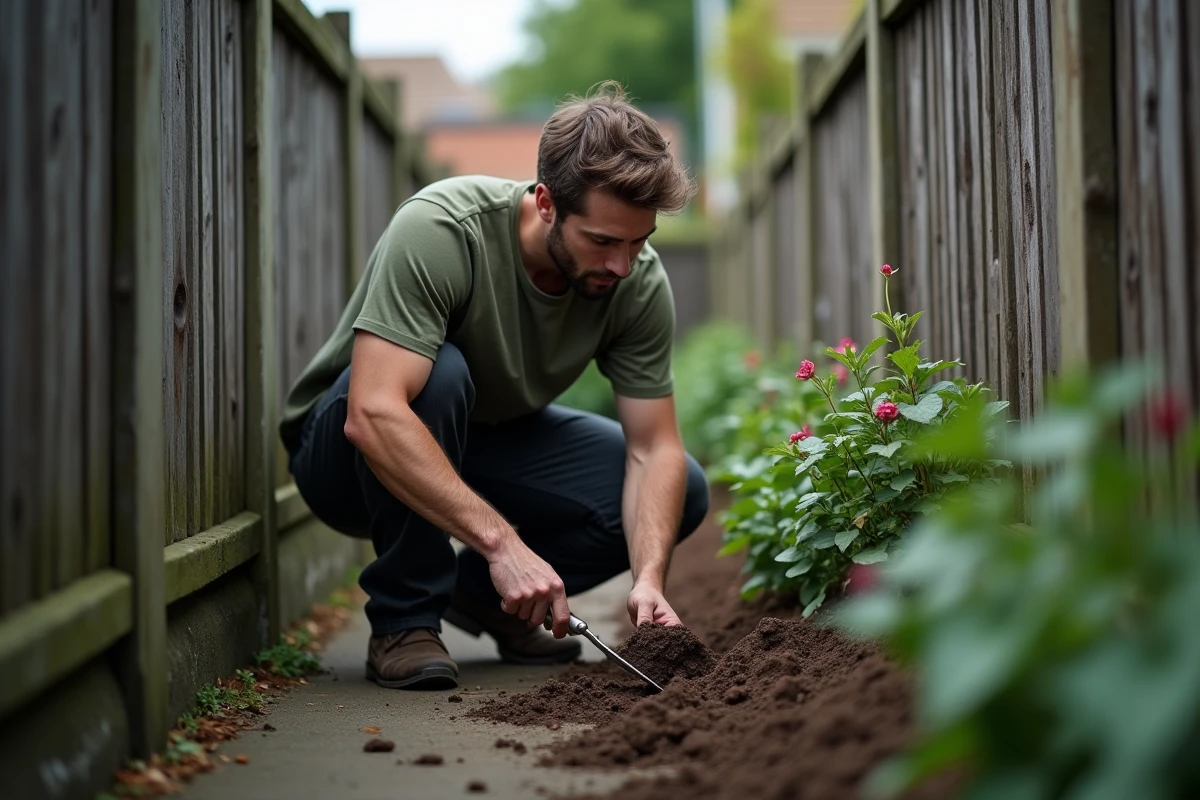Jeune homme plantant une clématite au pied d'une clôture dans un passage ombragé entre deux maisons