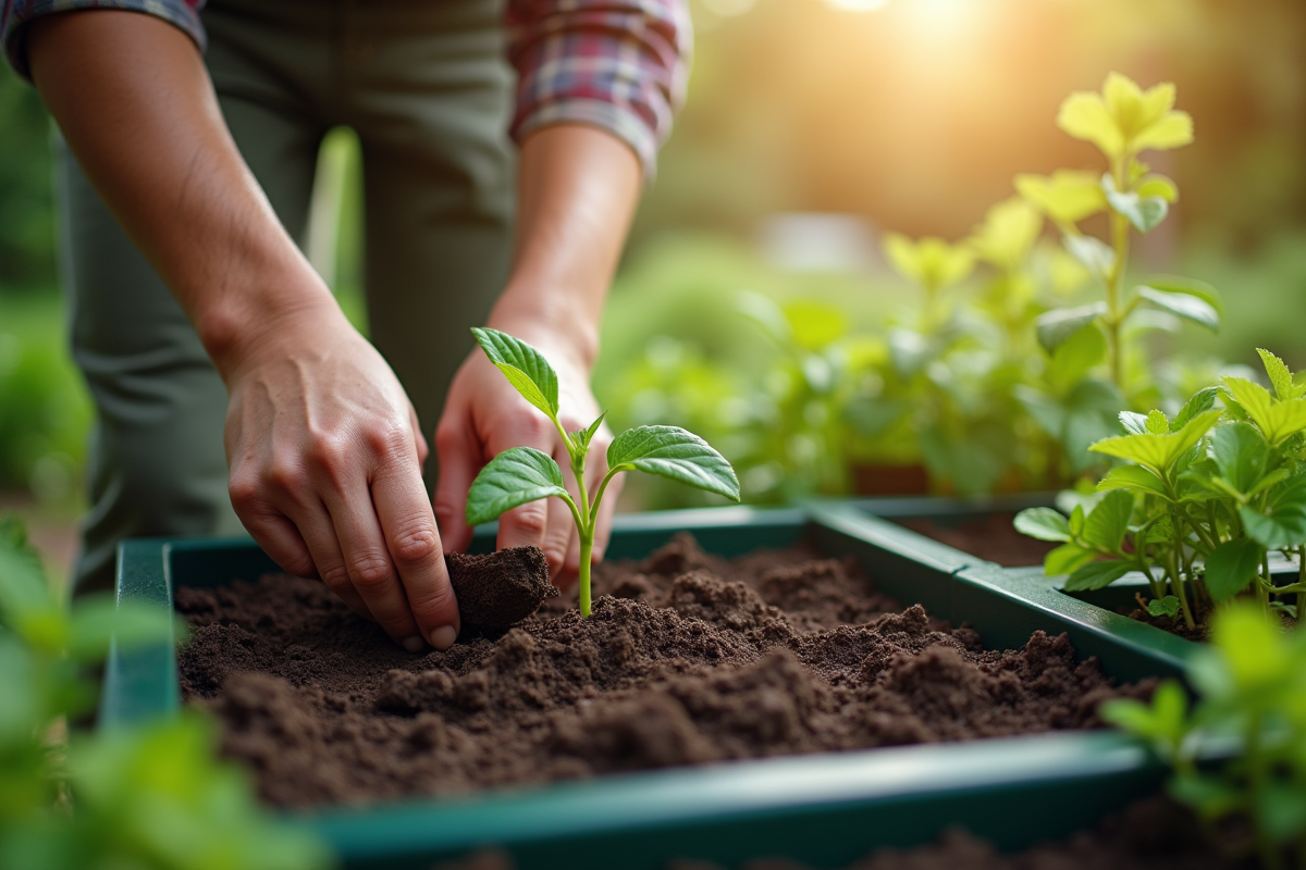Main de jardinier plantant jeunes plants dans un carré de jardin