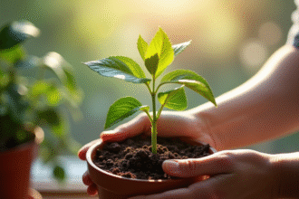 Mains plantant un lilas dans un pot intérieur
