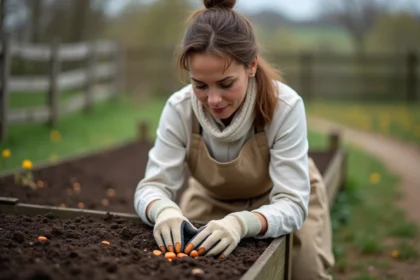 Femme plantant des patates douces dans un potager printanier, les mains dans la terre fertile