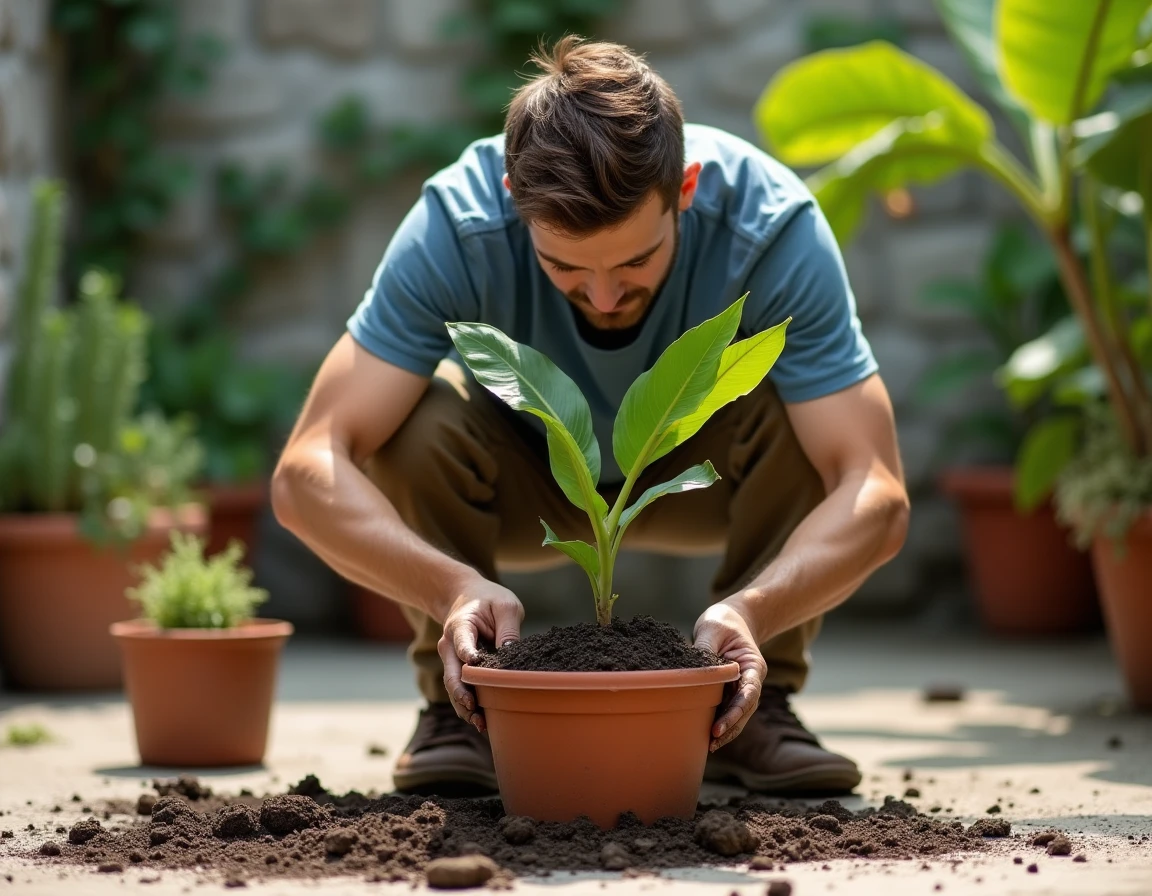 Jeune homme plantant un rejet de bananier dans un grand pot en terre cuite sur une terrasse extérieure