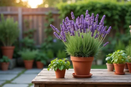 Pot de lavande et basilic sur une table de jardin en bois pour éloigner les moustiques naturellement lors des soirées d'été