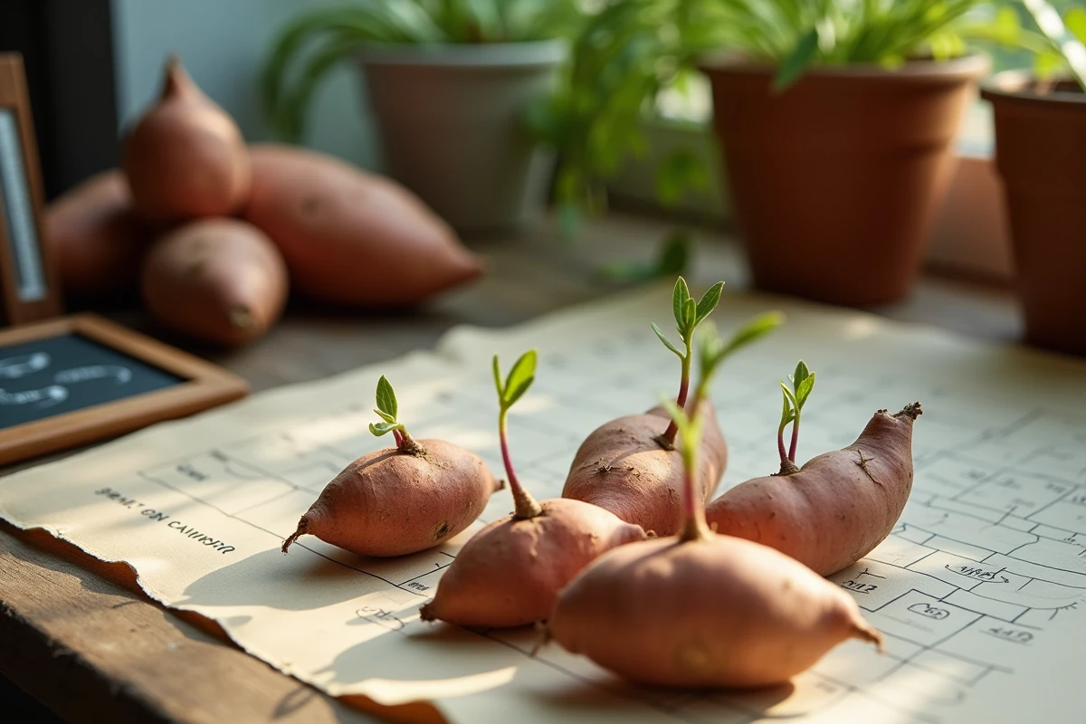 Plants de patates douces avec calendrier lunaire et thermomètre sur une table en bois rustique