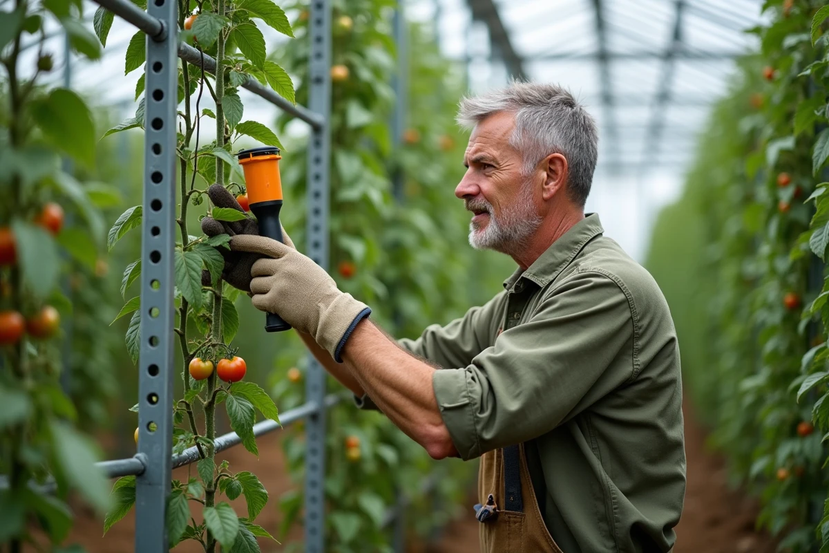 Jardinier utilisant un vibreur électrique pour polliniser des tomates sur plante grimpante en hauteur dans une serre