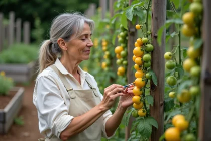 Femme qui pollinise manuellement des fleurs de tomates sur une plante grimpante avec un pinceau fin dans un jardin potager