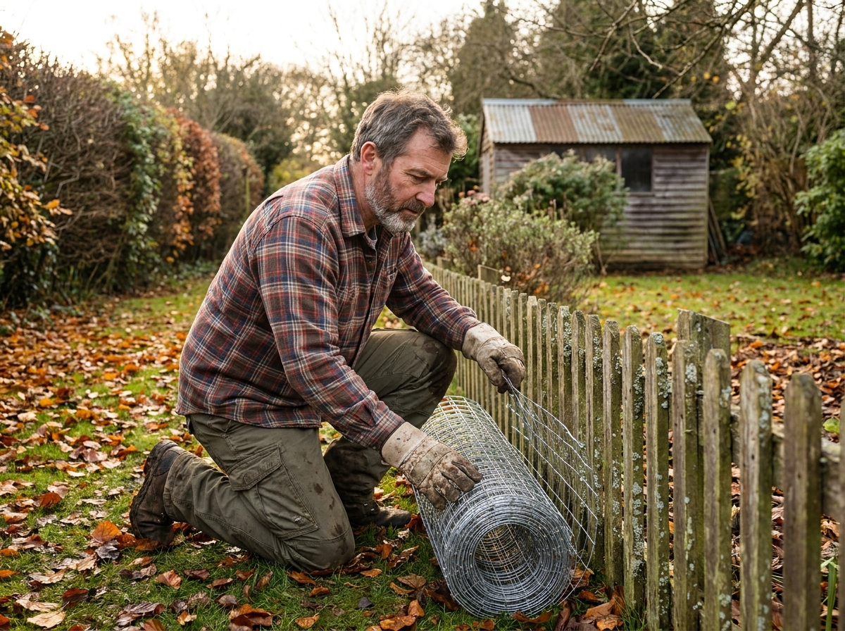 Homme adulte en train de poser un grillage souple à mailles hexagonales le long d'une clôture en bois dans un jardin résidentiel en automne
