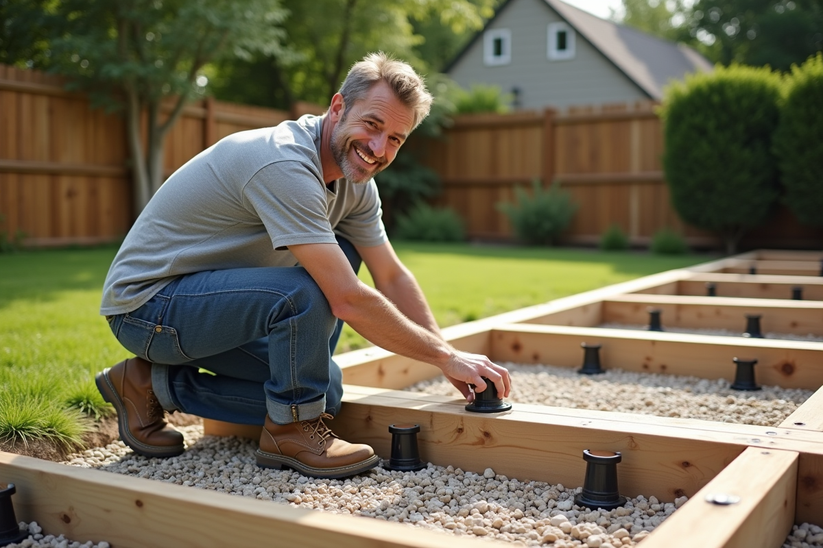 Homme posant des pedestals sur une terrasse en bois