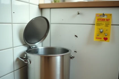 Poubelle de cuisine en inox avec moucherons volant autour du couvercle et piège collant jaune accroché à un placard