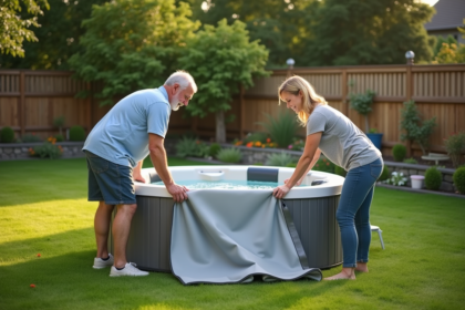 Couple préparant un spa dans un jardin verdoyant