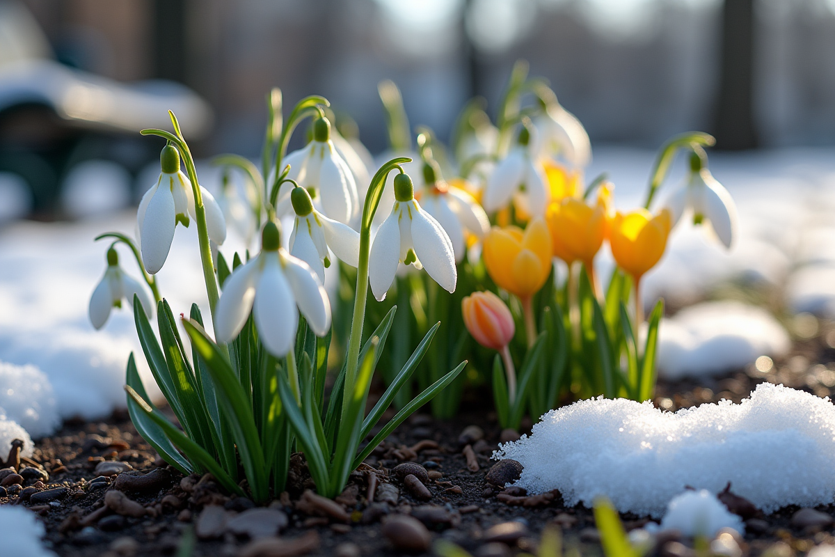 Primevères et crocus émergent du sol en parc urbain au printemps