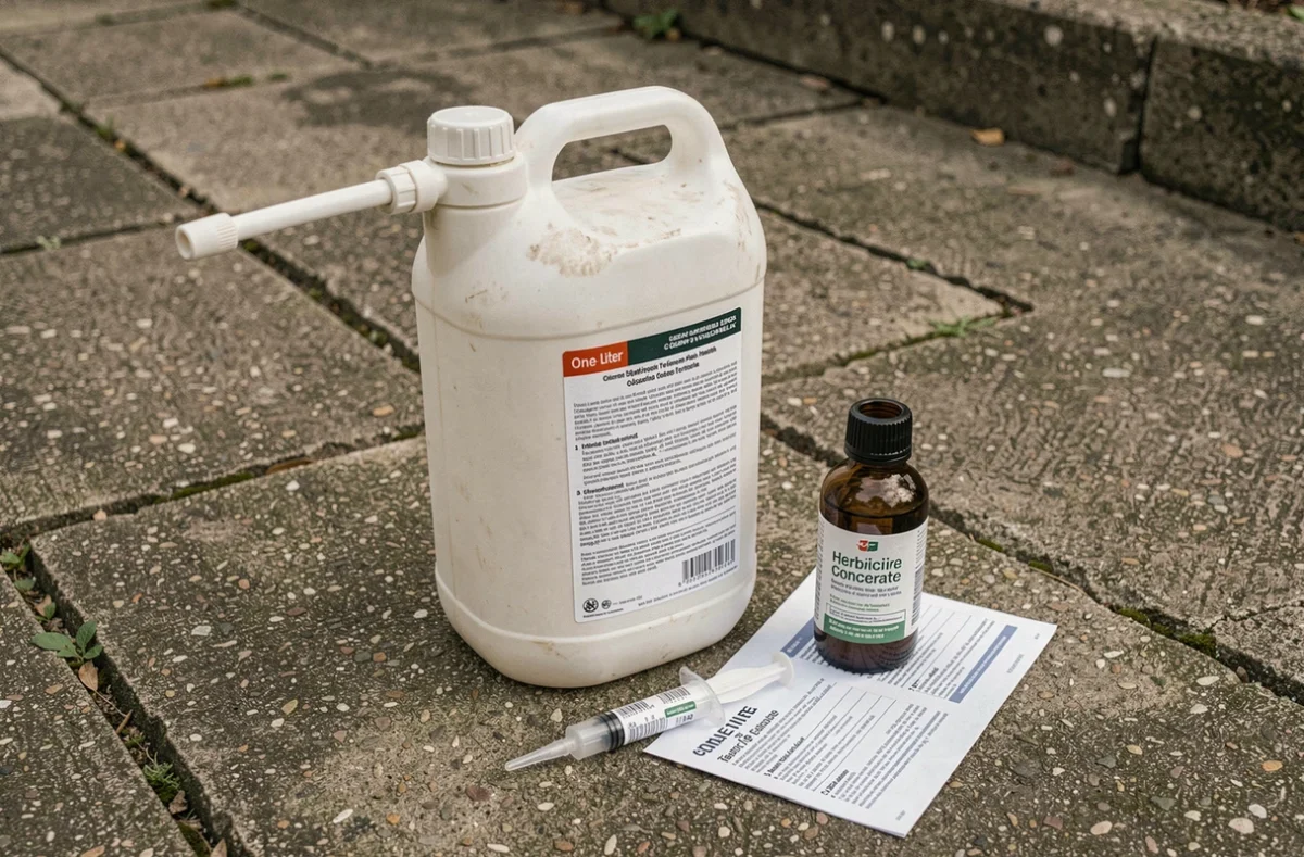 Pulvérisateur d'un litre avec flacon de glyphosate et seringue de dosage posés sur béton pour traitement herbicide précis