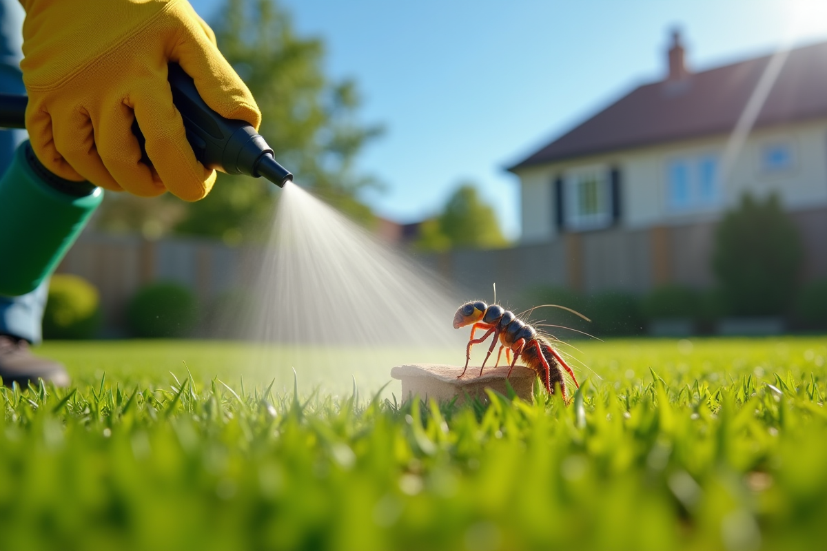 Main gantée pulvérisant un herbicide écologique sur des centipedes