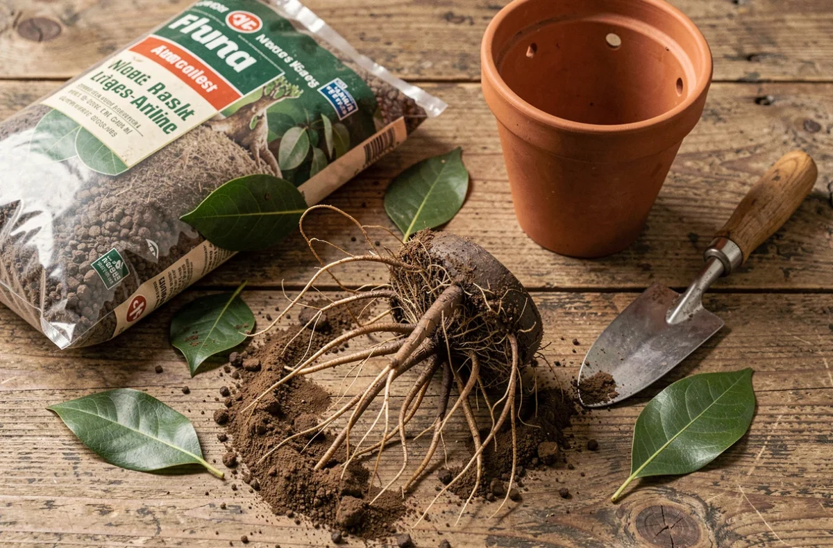 Gros plan sur les racines exposées d'un Ficus microcarpa bonsaï entouré du matériel nécessaire au rempotage sur une table en bois rustique