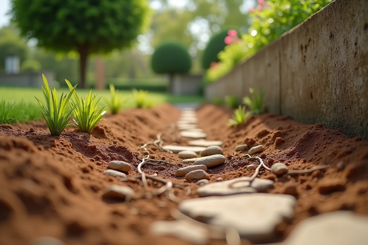 Racines de laurier rose s'étendant dans le sol sec vers la base d'un mur en béton dans un jardin