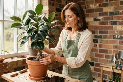 Femme rempotant un Ficus benjamina sur un établi en bois dans une serre intérieure avec murs en briques