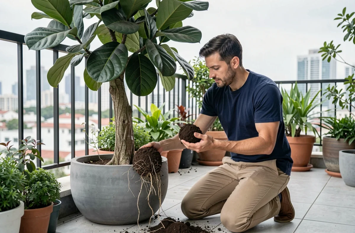 Homme examinant les racines d'un Ficus lyrata sur un balcon urbain avant rempotage dans un nouveau pot en céramique