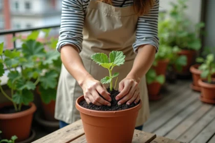 Femme rempotant un plant de melon dans un grand pot en terre cuite sur un balcon ensoleillé