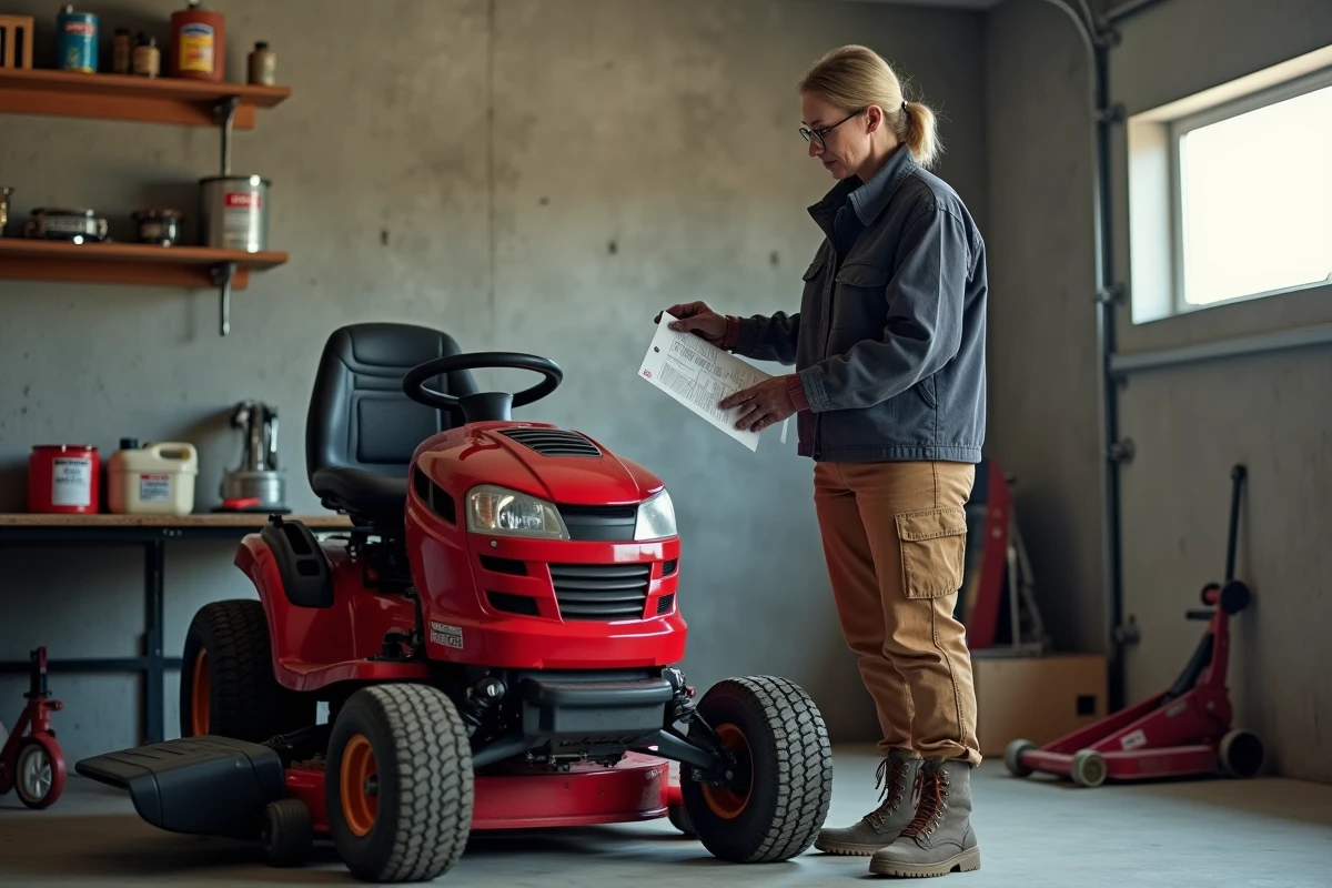Femme consultant un manuel de réparation pour résoudre un problème d'enclenchement de lame de tracteur tondeuse dans un garage