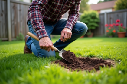 Homme en jeans et chemise à carreaux répare la pelouse