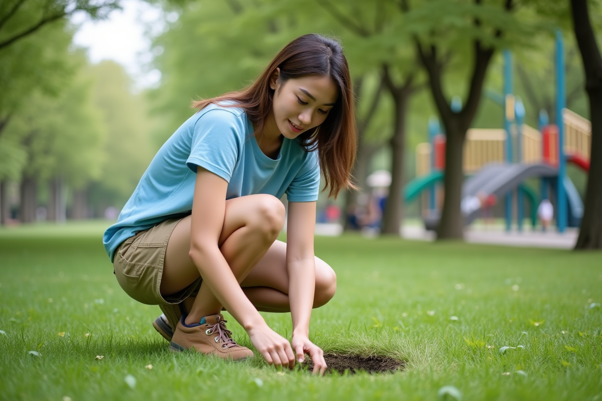 Jeune femme en t-shirt bleu et bermuda pose du gazon