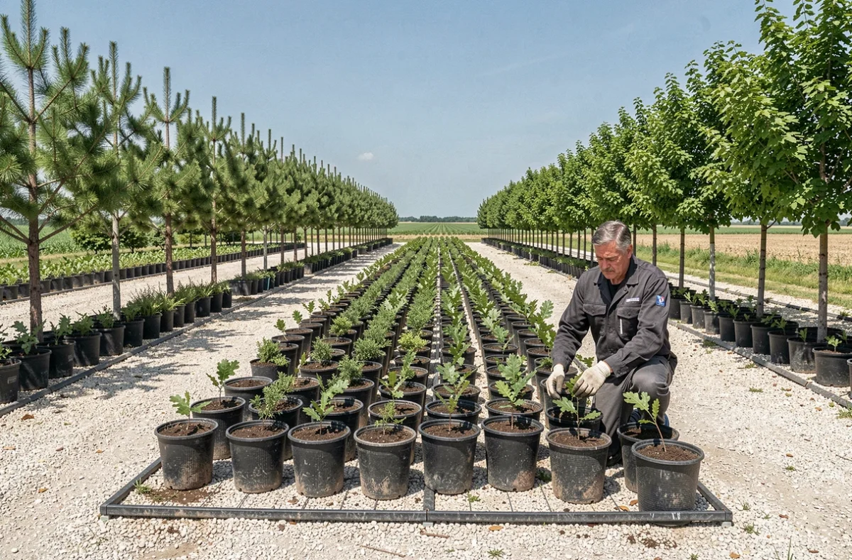 Robin Pépinières avec des rangées de jeunes plants forestiers et d'alignement comme chênes, pins et platanes en tubes pépinière sur un terrain de production