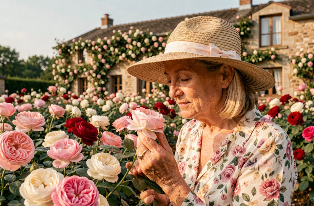 La Roseraie de Gérenton avec des rangées de rosiers anciens et botaniques en fleur dans des tons rose blush, cramoisi et ivoire au pied d'une ancienne ferme en pierre