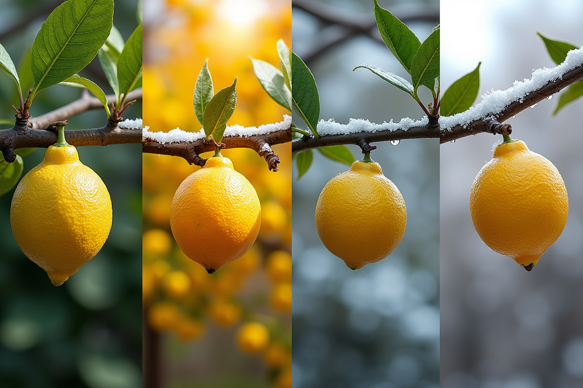 Arbre de citron en quatre saisons dans le jardin