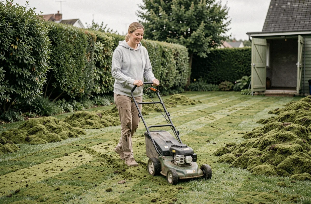 Femme utilisant un scarificateur manuel pour éliminer la mousse de sa pelouse dans un jardin suburban