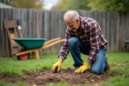 Homme en vêtements décontractés semant du gazon dans un jardin