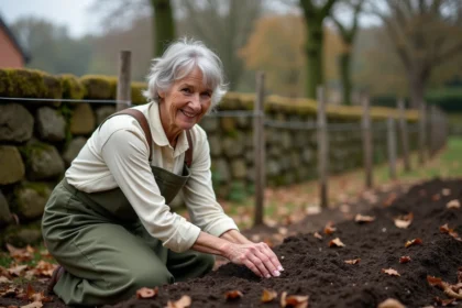 Femme semant des fèves en automne dans un potager en pleine terre, gros plan sur les mains enfouissant les graines dans un sol sombre et travaillé