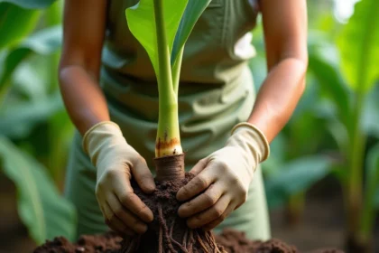 Femme jardinière séparant un rejet de bananier de la plante mère dans un jardin tropical luxuriant