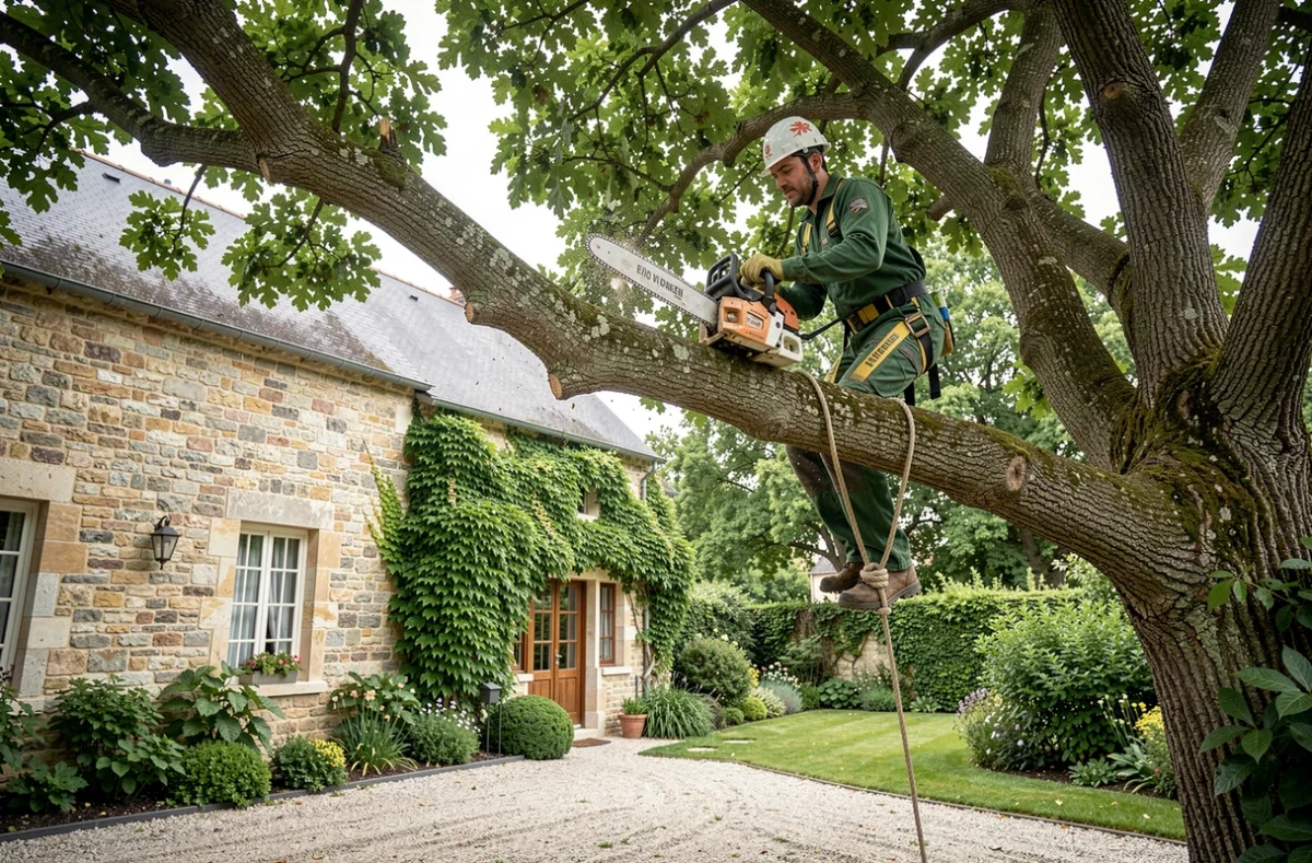 Arboriste du Serpe Groupe en harnais taillant une grande branche de chêne en hauteur dans un jardin de banlieue en Île-de-France