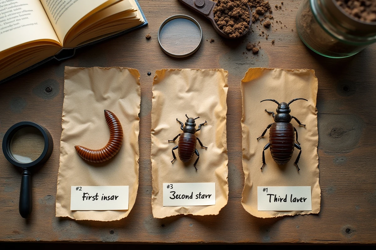 Présentation des trois stades larvaires du hanneton disposés sur une table de travail avec étiquettes et matériel entomologique