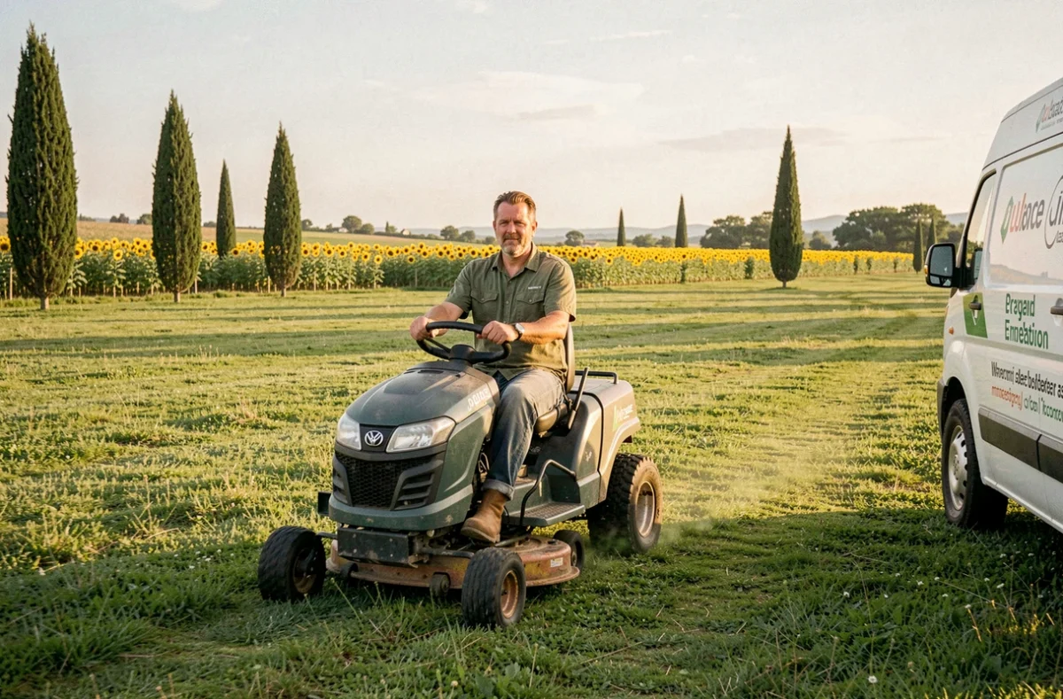 Paysagiste de Sud-Ouest Paysages conduisant une tondeuse professionnelle sur une grande pelouse en milieu rural