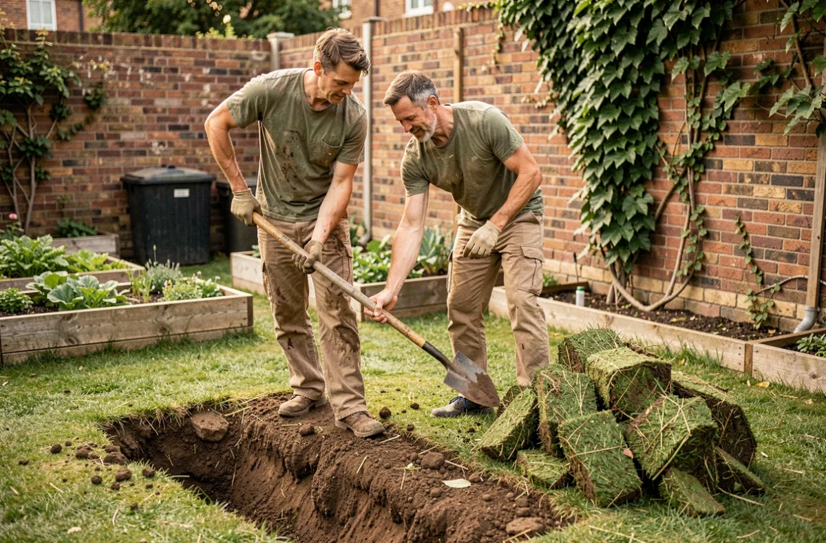 Homme retirant une pelouse de gazon anglais à la bêche pour reconvertir son jardin de manière écologique