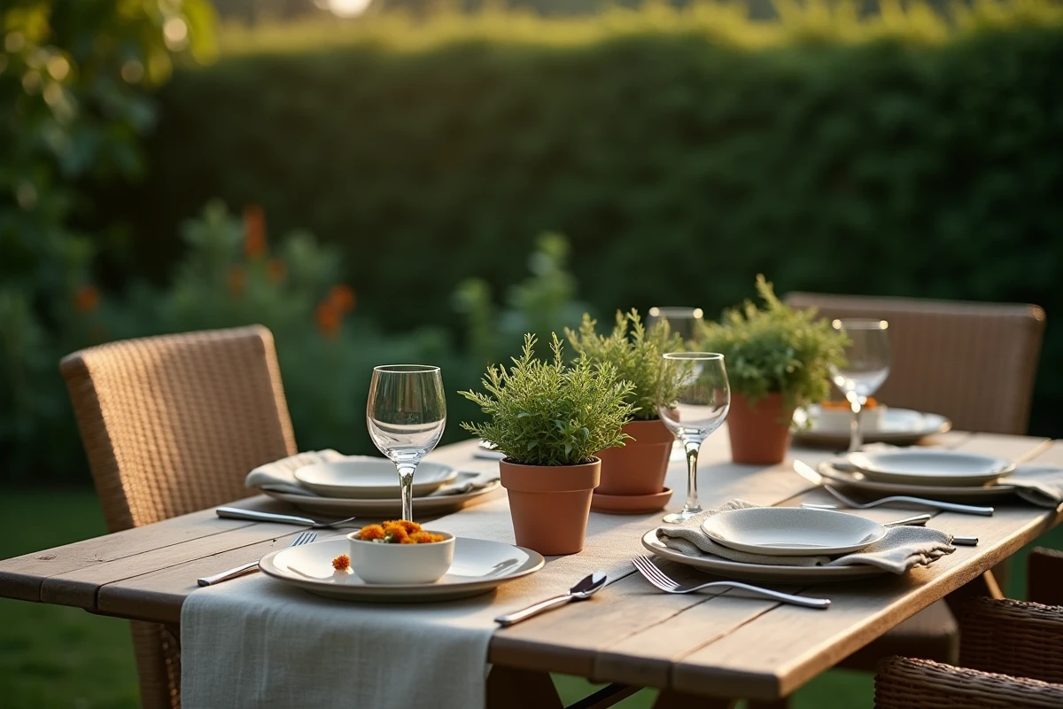 Table de dîner extérieur décorée de plantes répulsives naturelles comme le romarin et la citronnelle pour une soirée d'été sans moustiques