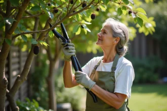 Femme taillant un mûrier au sécateur dans un jardin en été, avec des fruits mûrs visibles sur les branches