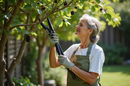 Femme taillant un mûrier au sécateur dans un jardin en été, avec des fruits mûrs visibles sur les branches