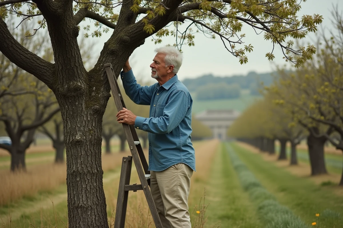 Homme âgé sur un escabeau taillant les branches hautes d'un mûrier dans un verger rural au printemps