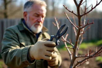 Jardinier expérimenté taillant un jeune pêcher de vigne nouvellement planté au printemps dans un verger familial