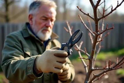 Jardinier expérimenté taillant un jeune pêcher de vigne nouvellement planté au printemps dans un verger familial
